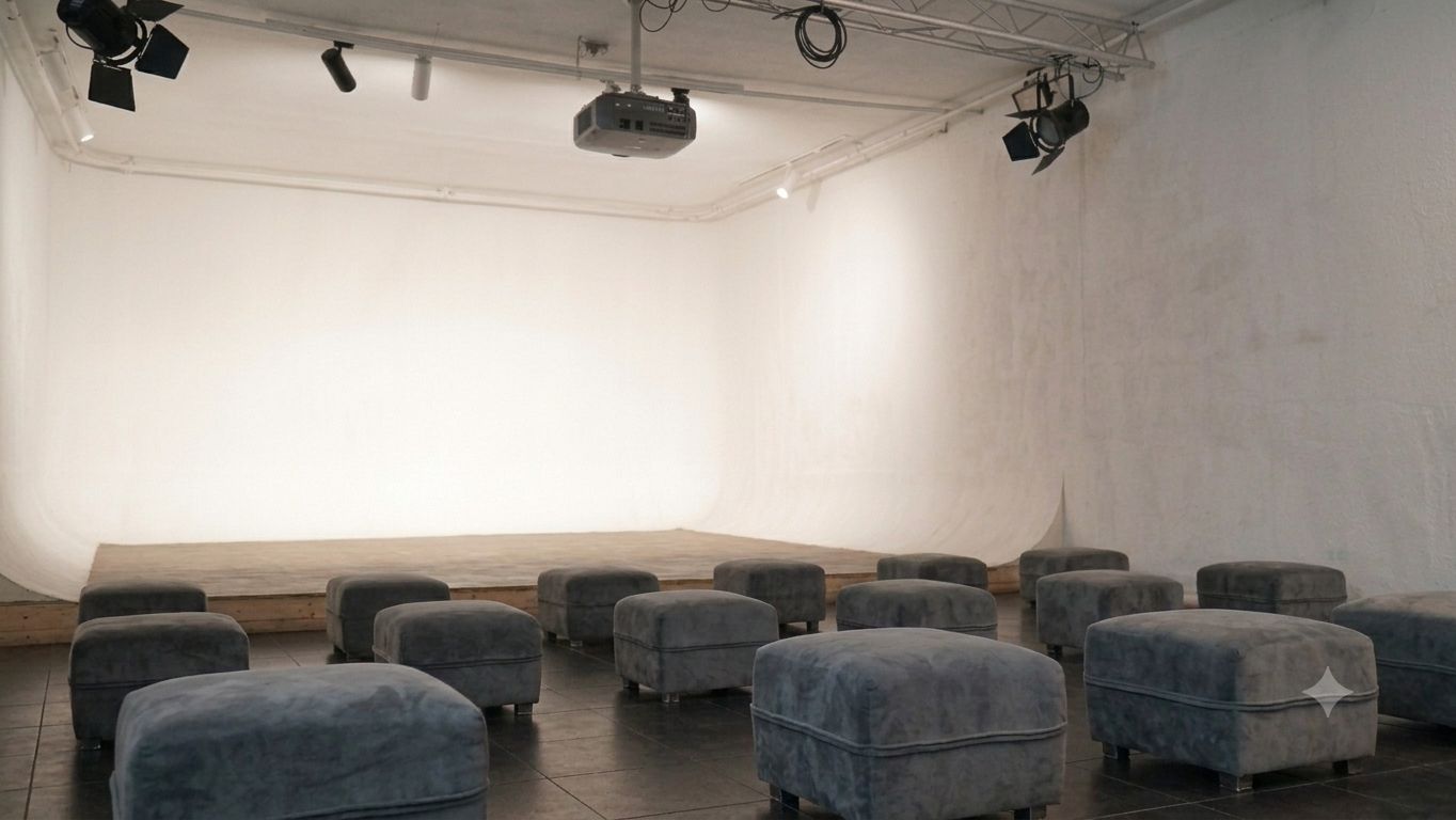 Sinema Siri cinema room — grey cushion seating, ceiling projector and stage corner